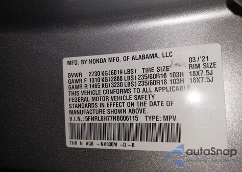 2022 Honda Odyssey Ex-L z USA, uszkodzony, nr VIN 5FNRL6H77NB006115